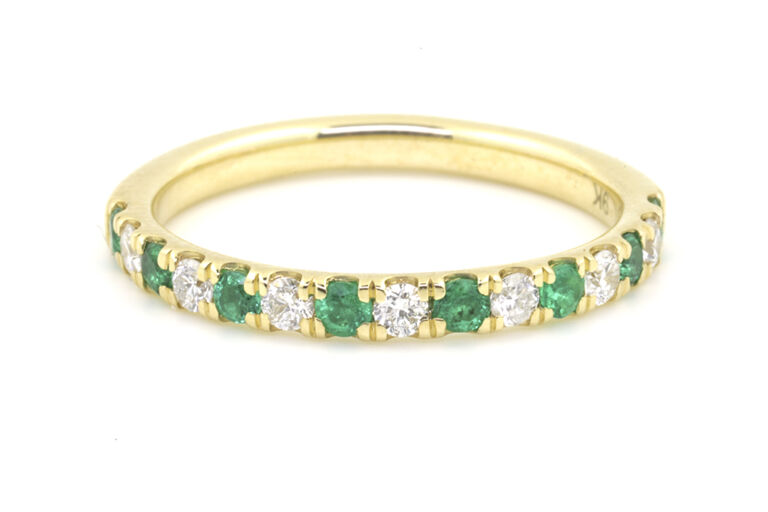 Emerald & Diamond Half Eternity Ring 9ct gold. Size L