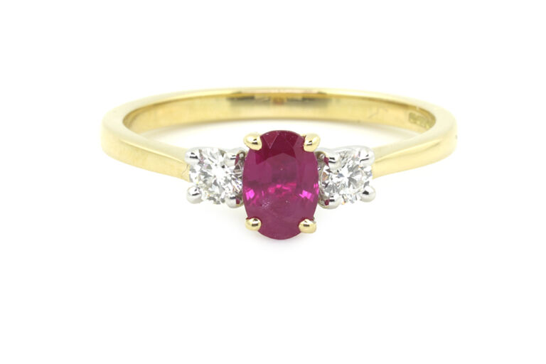 Ruby & Diamond 3 Stone Ring 18ct gold & Platinum Size N