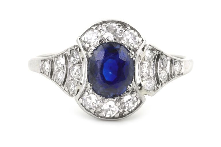 Art Deco Blue Sapphire & Diamond Cluster Ring Platinum Size O