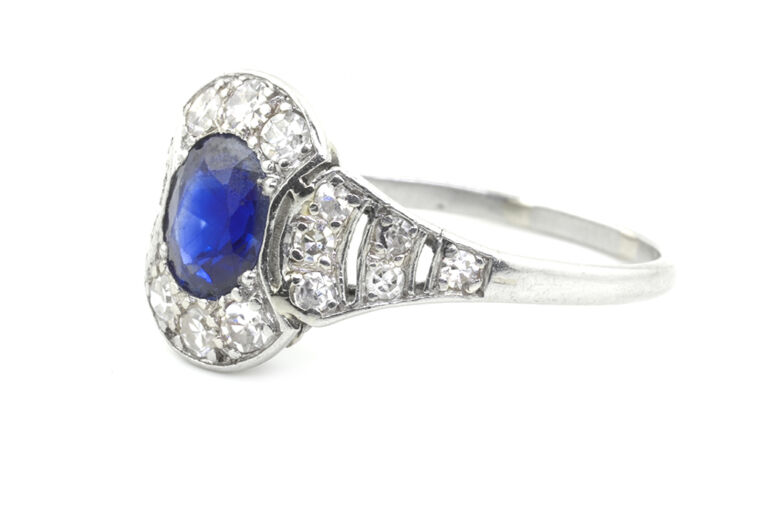 Art Deco Blue Sapphire & Diamond Cluster Ring Platinum Size O