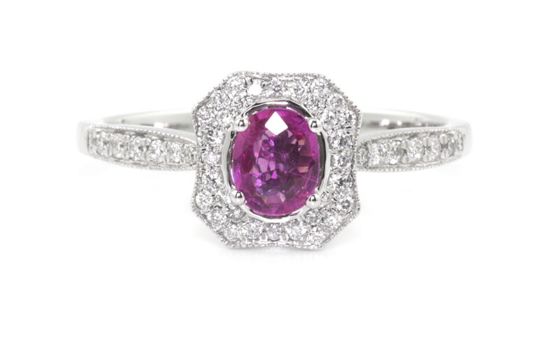Pink Sapphire & Diamond Cluster 18ct white gold Size N
