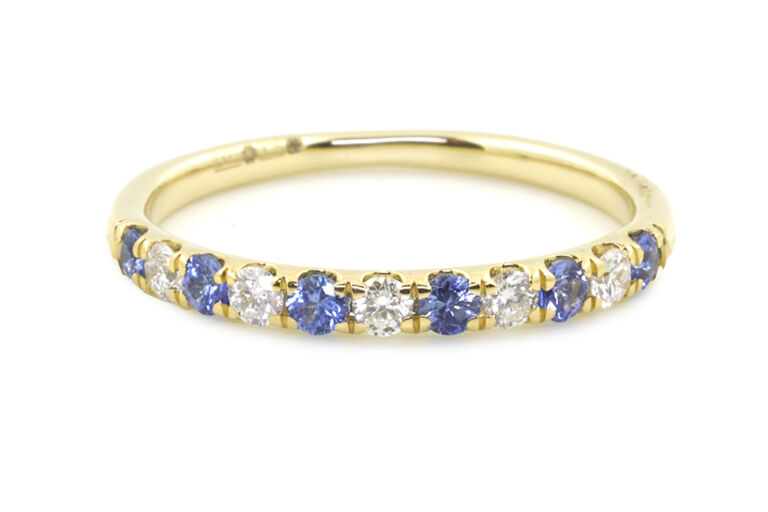 Blue Sapphire & Diamond Half Eternity Ring 9ct gold Size N