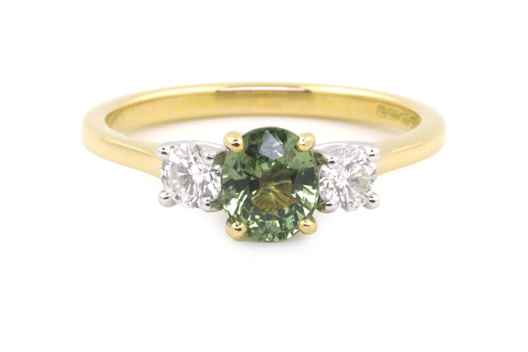Green Sapphire & Diamond 3 Stone Ring 18ct gold & platinum Size N