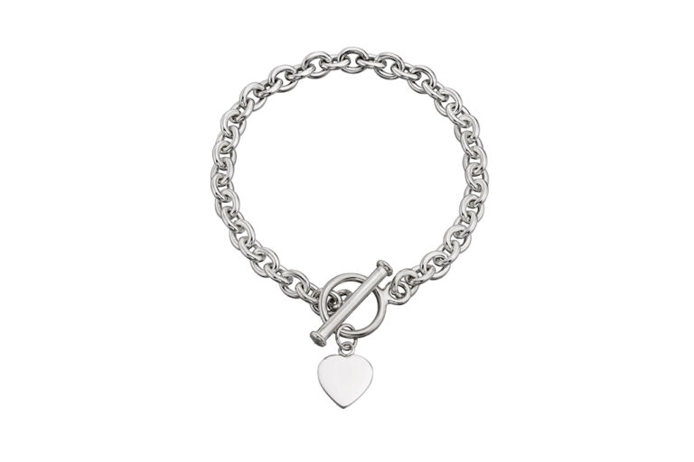 T-Bar & Heart Charm Silver Bracelet