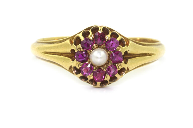 Burmese Ruby & Natural Pearl Cluster Ring 15ct gold Size P