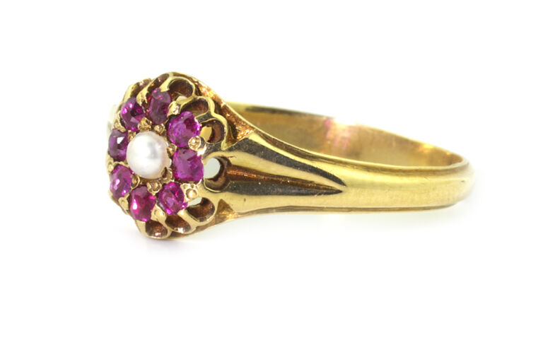 Burmese Ruby & Natural Pearl Cluster Ring 15ct gold Size P