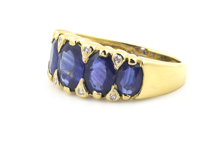 Blue Sapphire & Diamond Band Ring 18ct gold Size N