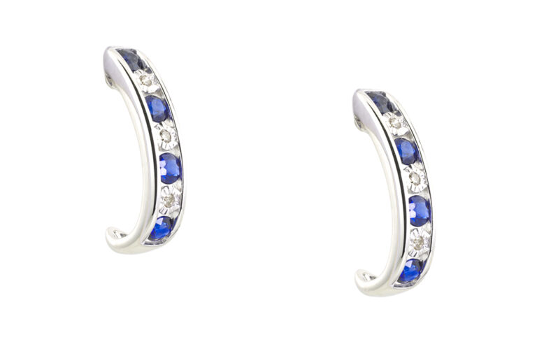 Blue Sapphire & Diamond Half Hoop Earrings 9ct white gold.