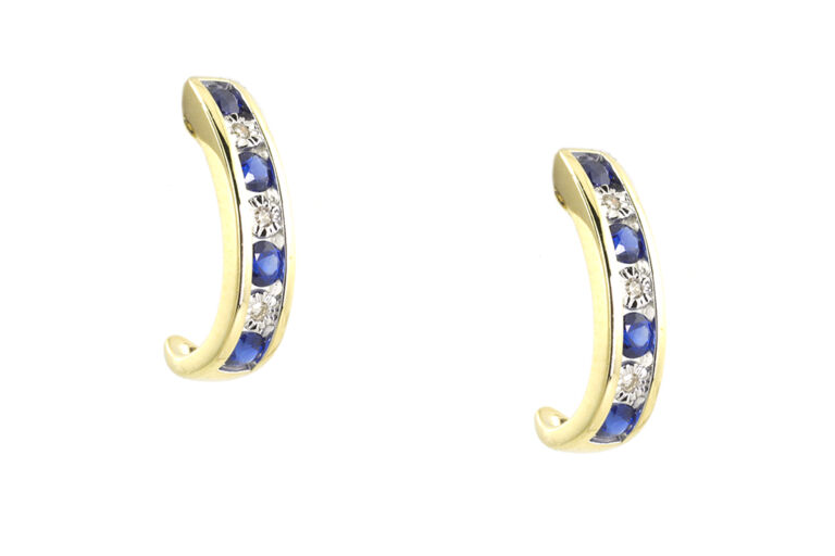 Blue Sapphire & Diamond Half Hoop 9ct gold Earrings