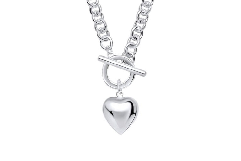 Puff Heart Charm & T-Bar Silver Necklace