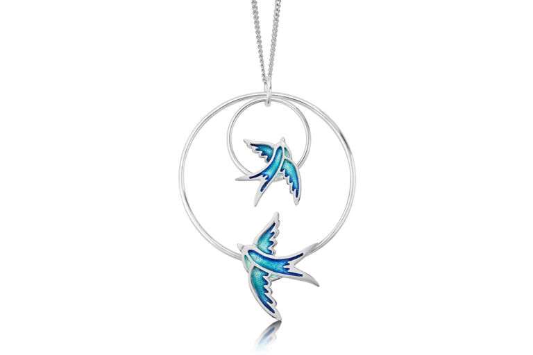 Swallows 2 Hoop Occaision Silver Pendant in Summer Blue Enamel