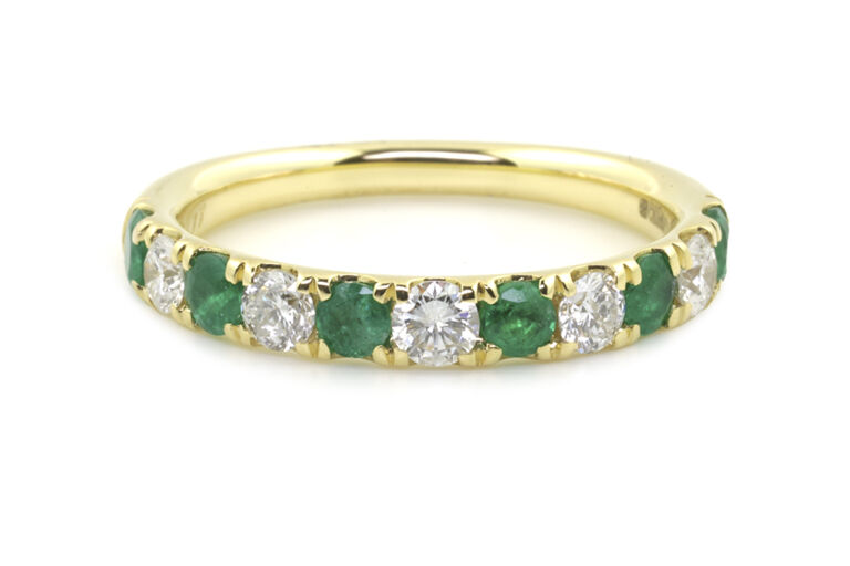 Emerald & Diamond Half Eternity Ring 18ct yellow gold Size N