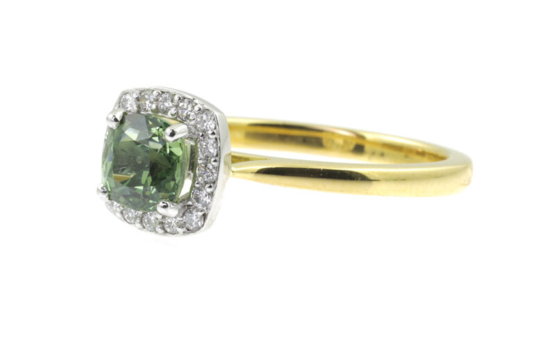 Green Sapphire & Diamond Cluster Ring 18ct gold & Platinum Size M