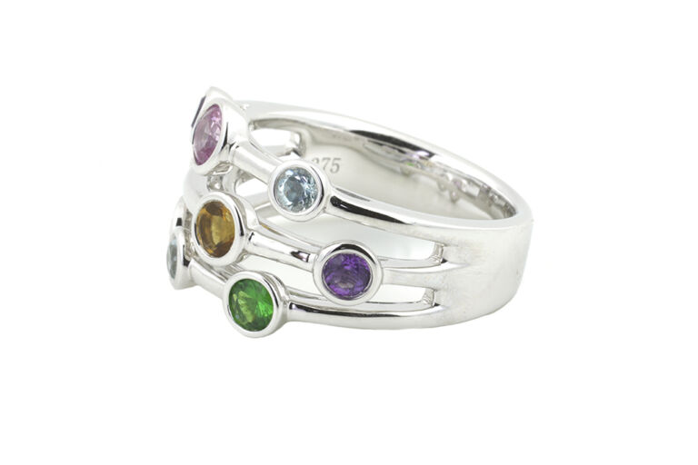 Multi-colour Gem Set Bubble Style Ring 9ct white gold Size M