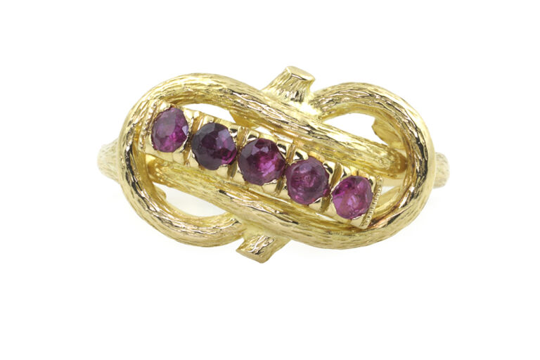 Hand Made Ruby 5 Stone Ring 14ct yellow gold Size O