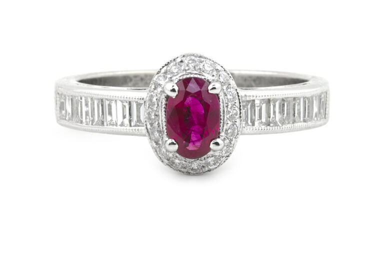Ruby & Diamond Cluster Ring 18ct white gold Size O