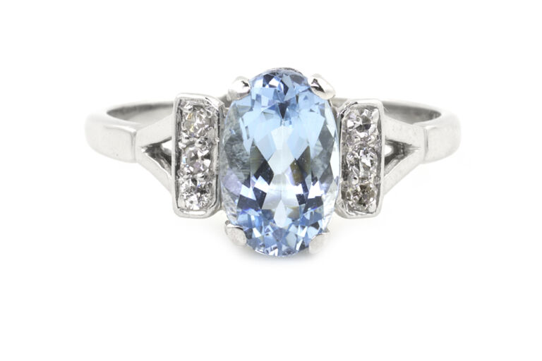 Aquamarine & Diamond Ring 18ct gold & platinum Size O