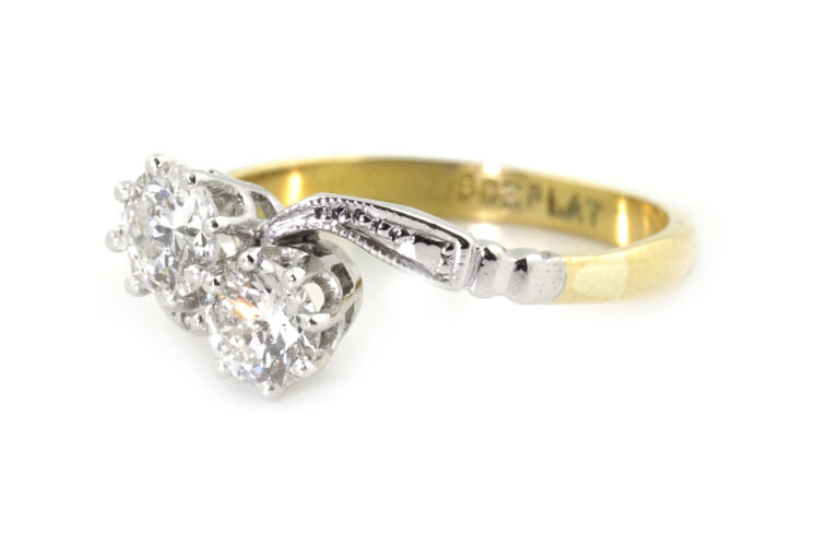 Diamond 2 Stone Ring 18ct yellow gold with platinum settings Size K