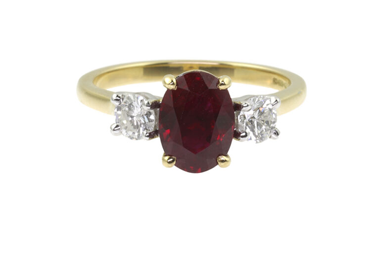 Ruby & Diamond 3 Stone Ring 18ct yellow gold & platinum Size O