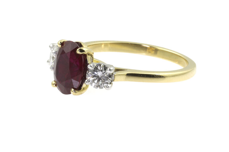 Ruby & Diamond 3 Stone Ring 18ct yellow gold & platinum Size O