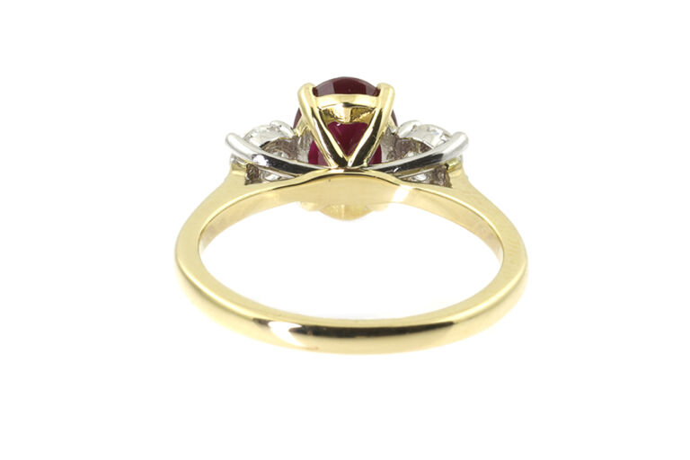 Ruby & Diamond 3 Stone Ring 18ct yellow gold & platinum Size O