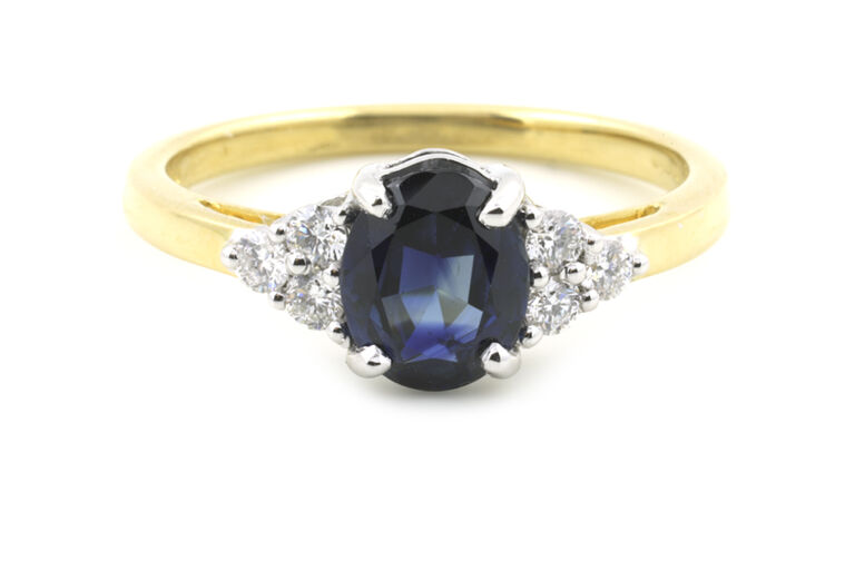 Blue Sapphire & Diamond 7 StoneTrefoil Ring 18ct gold Size N