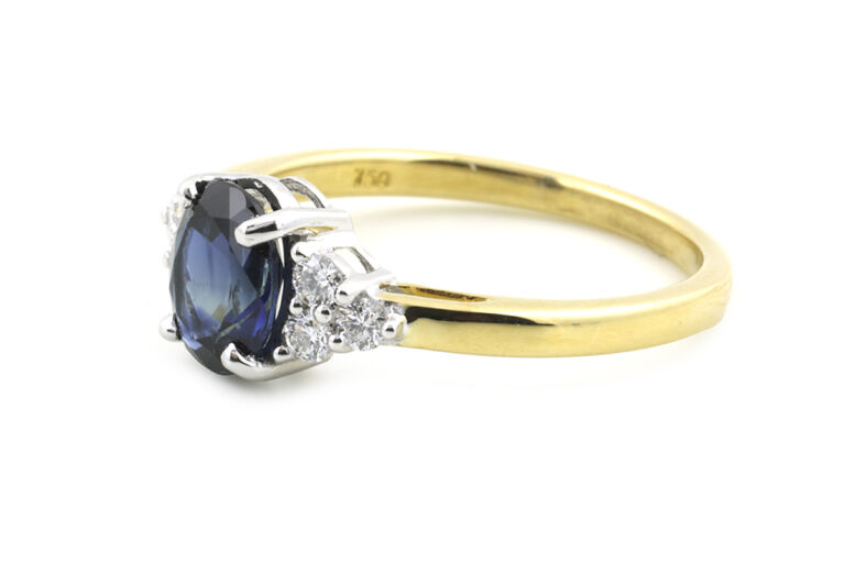 Blue Sapphire & Diamond 7 StoneTrefoil Ring 18ct gold Size N