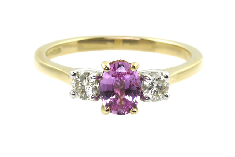 Pink Sapphire & Diamond 3 Stone Ring 18ct gold with platinum settings Size N