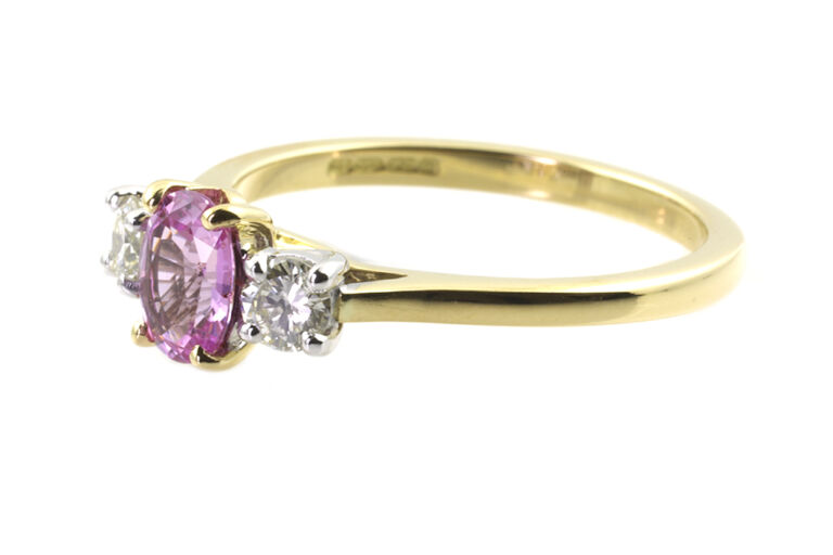 Pink Sapphire & Diamond 3 Stone Ring 18ct gold with platinum settings Size N