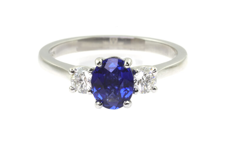 Blue Sapphire & Diamond 3 Stone Ring Platinum Size M