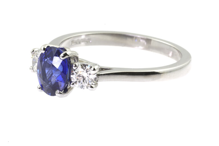 Blue Sapphire & Diamond 3 Stone Ring Platinum Size M