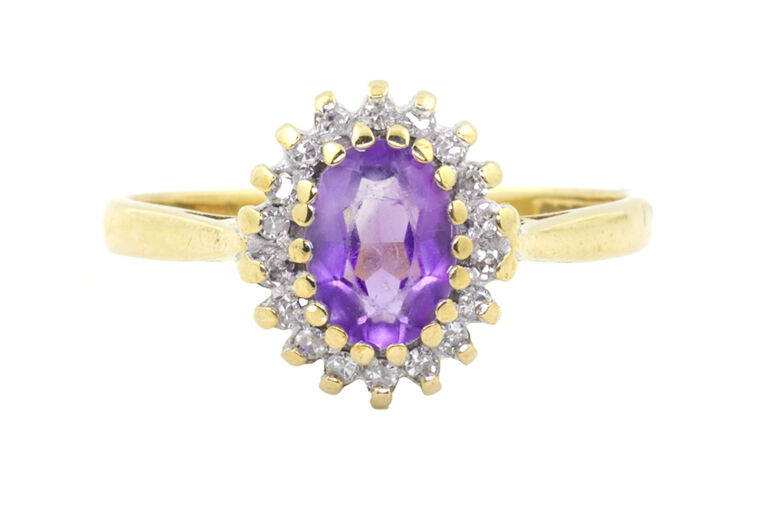 Amethyst & Diamond Cluster Ring 9ct gold Size M