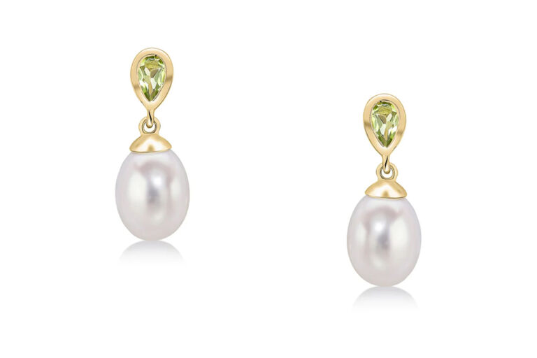 Peridot & Pearl Drop Earrings 9ct yellow gold.