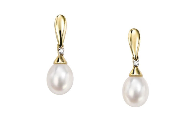 Freshwater Pearl & Diamond Drop Earrings 9ct yellow gold.