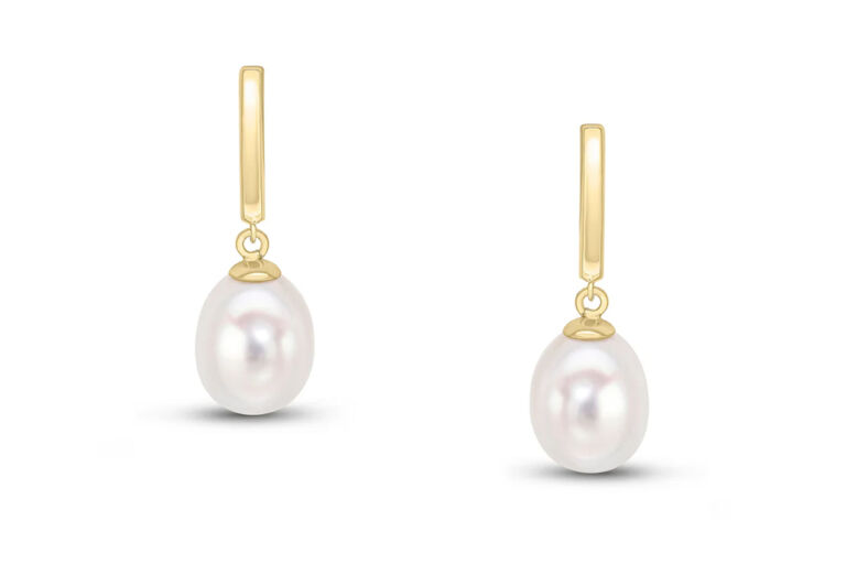 Polished Curved Bar with Freshwater Pearal Drop Earrings 9ct yellow gold.