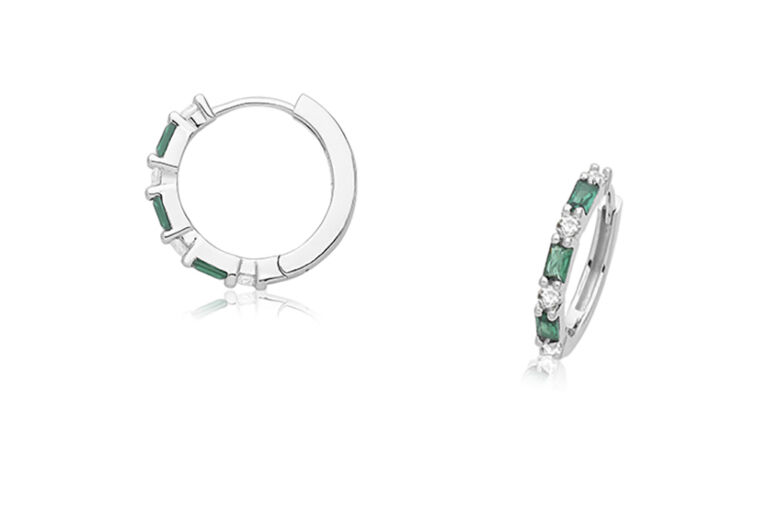 Green & White CZ Hoop Silver Earrings