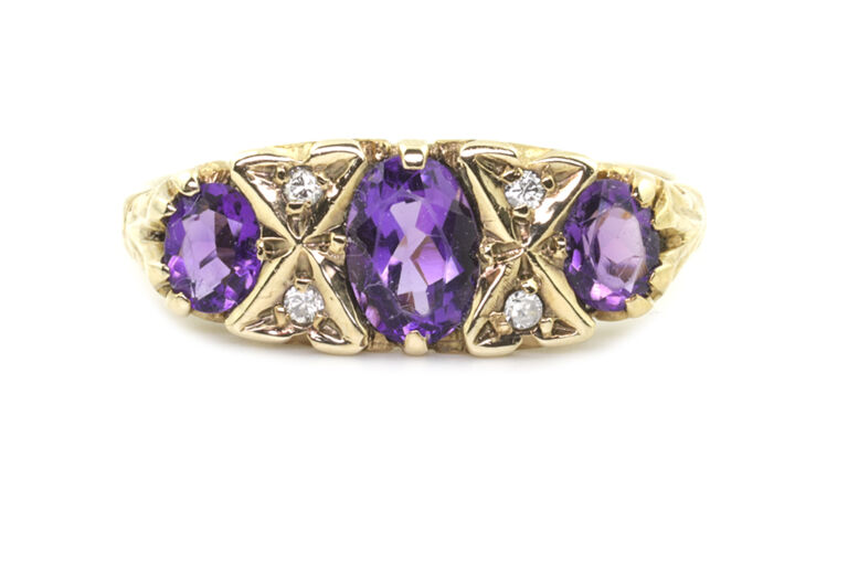 Amethyst & Diamond 7 Stone Ring 9ct yellow gold Size L