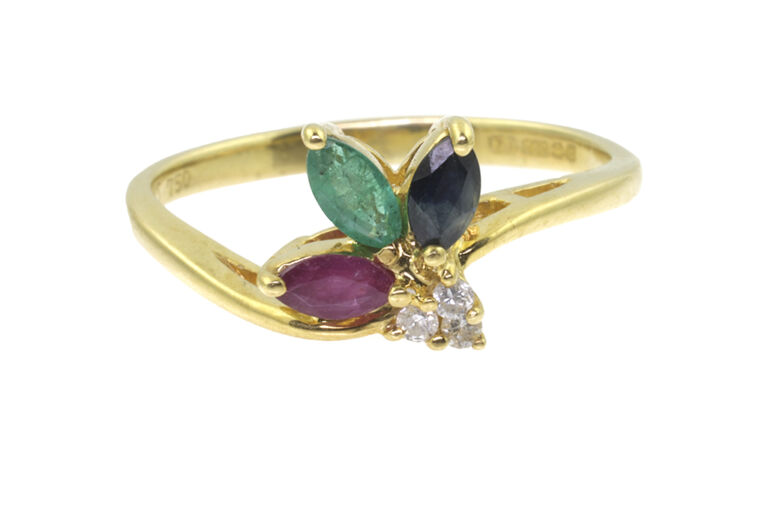 Ruby, Emerald, Blue Sappgire & Diamond Ring 18ct gold Size K