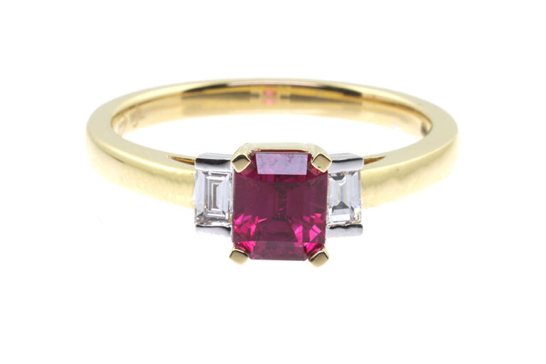 Art Deco Style Ruby & Diamond 3 Stone Ring 18ct gold Size N