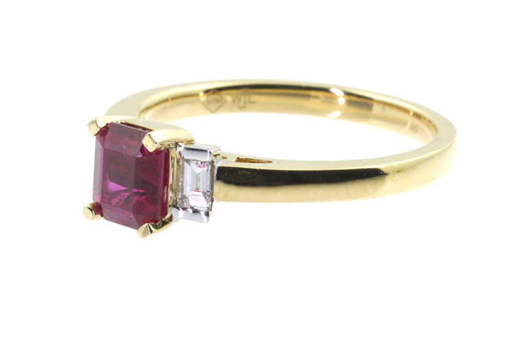 Art Deco Style Ruby & Diamond 3 Stone Ring 18ct gold Size N