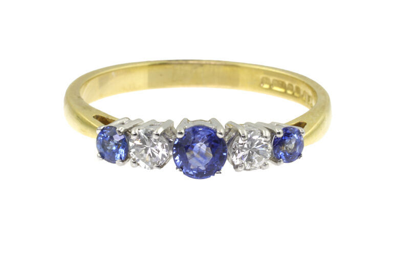 Blue Sapphire & Diamond 5 Stone Ring 18ct gold Size P