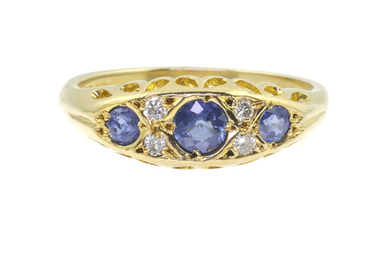 Blue Sapphire & Diamond 7 Stone Ring 9ct yellow gold Size O