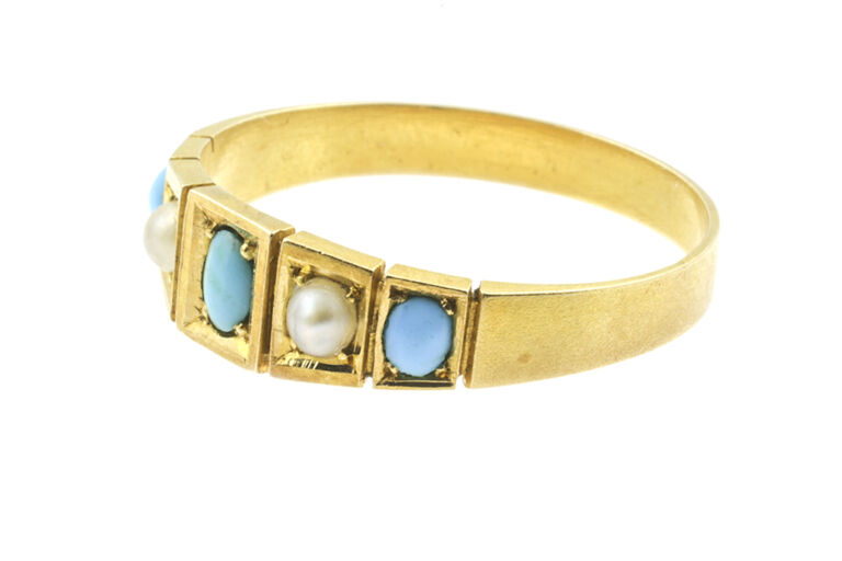 Turquoise & Pearl 5 Stone Ring 18ct yellow gold Size M