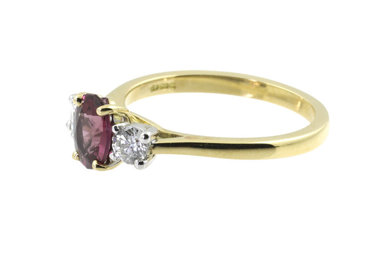 Almandine Garnet & Diamond 3 Stone Ring 18ct yellow gold with platinum settings size N