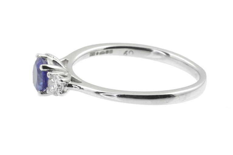 Blue Sapphire & Diamond 3 Stone Ring Platinum Size O