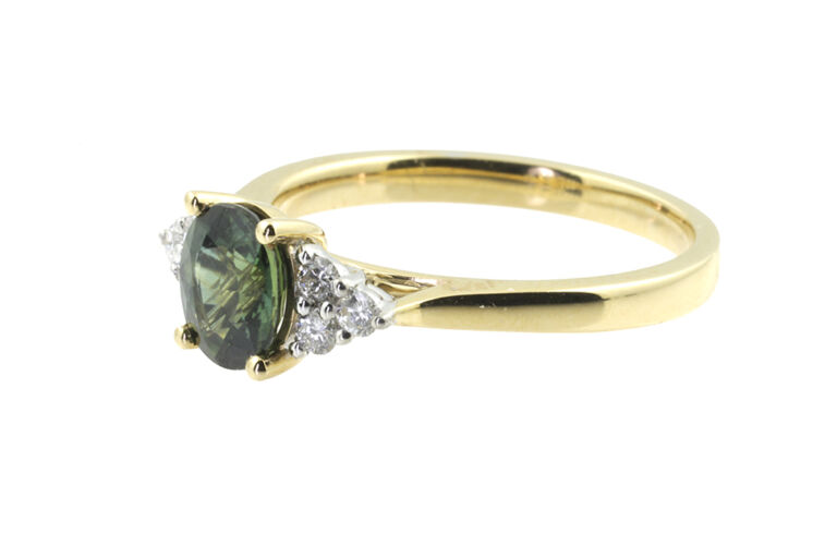 Green Sapphire & Diamond 7 Stone Trefoil Ring 18ct yellow & white gold Size M