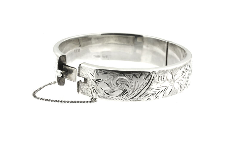 Half Engraved Hinged Silver Bangle