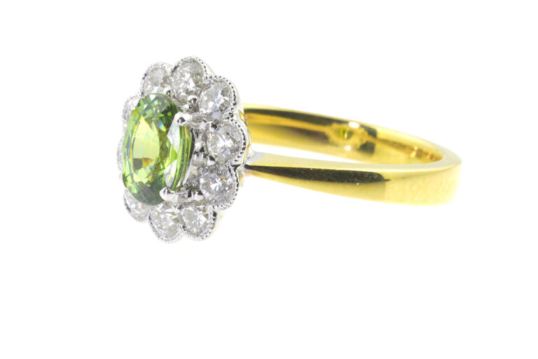 Demantoid Garnet & Diamond Cluster 18ct white gold Size N