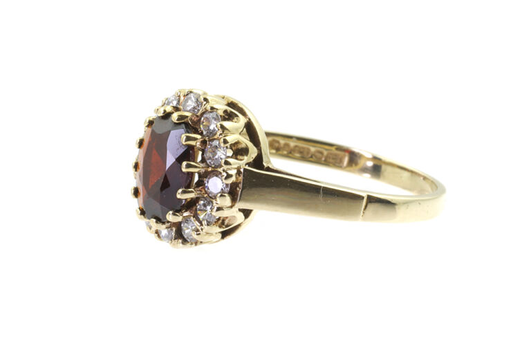 Garnet & CZ Cluster Ring 9ct gold Size K