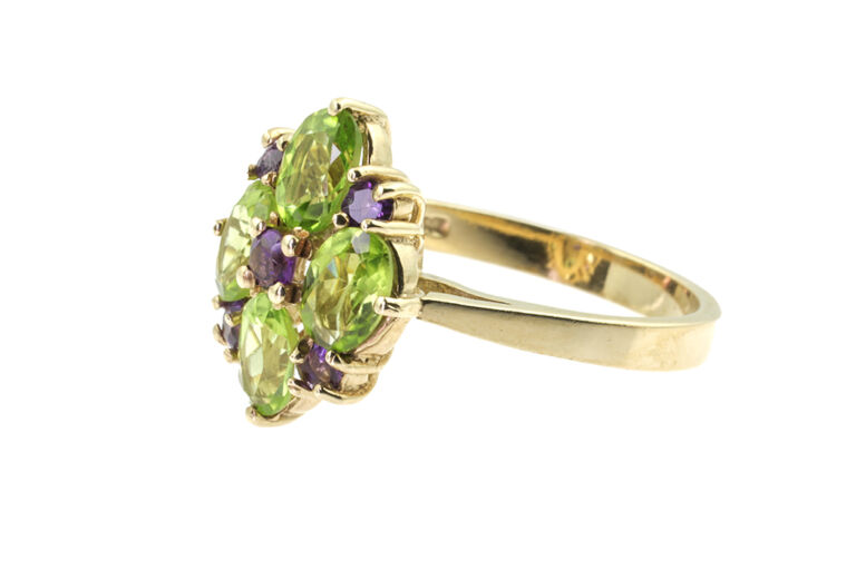 Peridot & Amethyst Cluster Ring 9ct gold Size N
